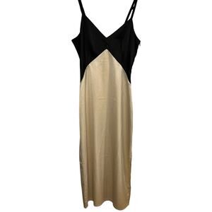 Fabrik Two-Tone Satin Midi Dress Black Champagne Colorblock Sz XS Formal Wedding